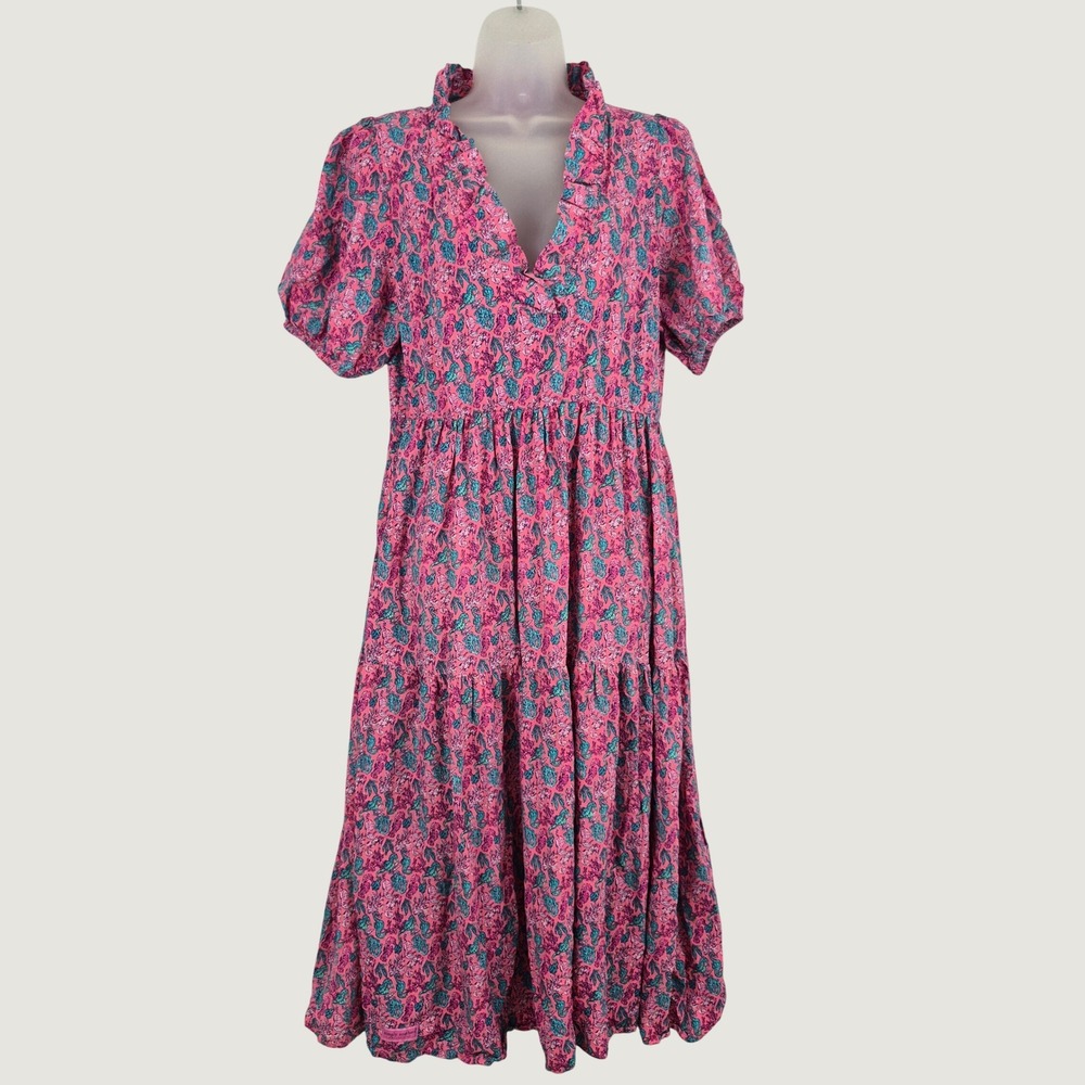 Simply Southern Pink Boho Seahorse Tiered Maxi Midi Dress Puff Sleeve Medium
